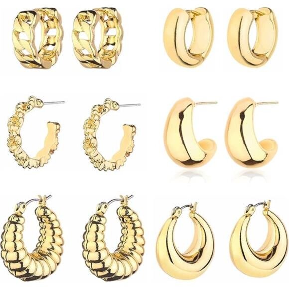 Gold Chunky Hoop Earrings Set for Women, 14K Gold Plated Twisted Huggie Earring - Picture 7 of 7